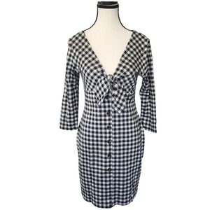 Gingham Dress Black Knot 3/4 Long Sleeve Midi Dress Stretchable Office Attire